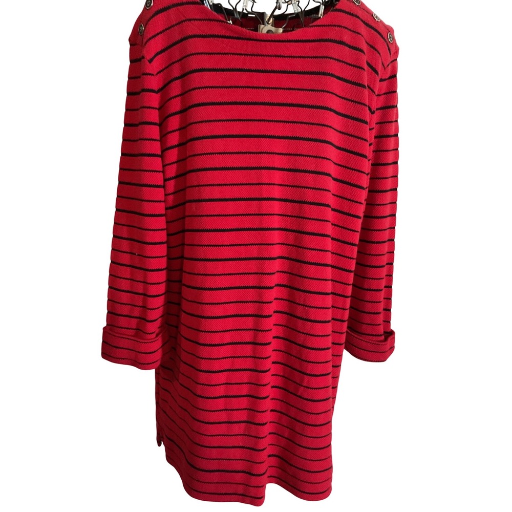 Lands End Red Black Striped Long Sleeve Knit Top Boatneck Button Shoulder Cotton